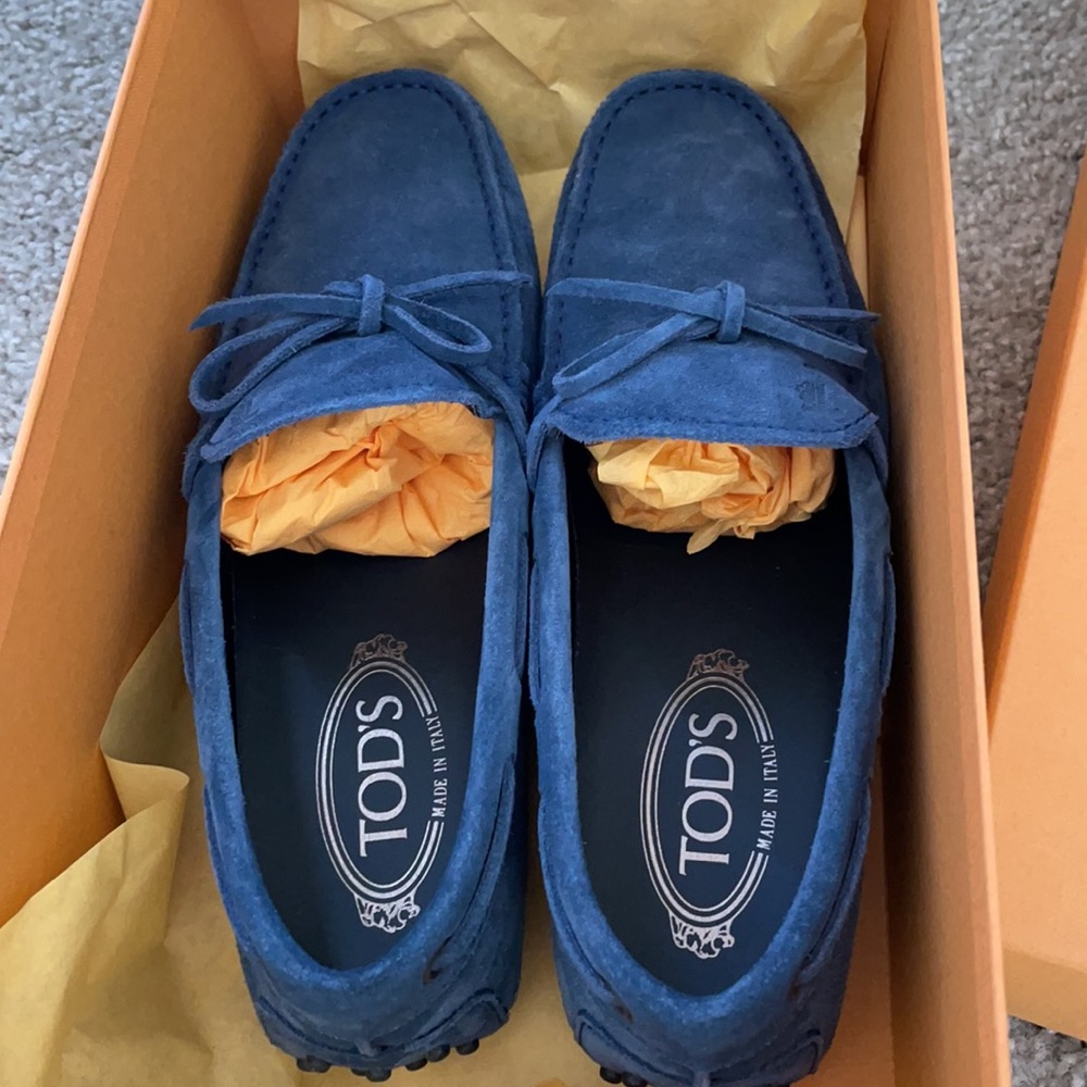 Classic blue suede Tod’s loafers